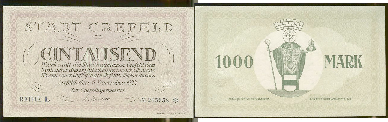 Germany Stadt Crefeld 1000 marks 1922 Unc